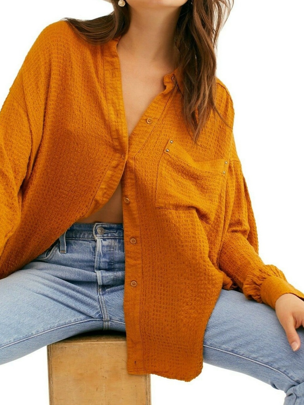 We The Free Waffle-Texture Button Down Shirt in Mustard Amber EUC